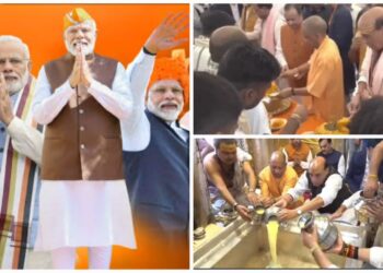 Kashi Vishwanath में योगी-राजनाथ ने केक बांटा, नायडू-पासवान भी पहुंचे; डमरू की गूंज और सोहर से गूंजा मंदिर परिसर