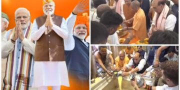 Kashi Vishwanath में योगी-राजनाथ ने केक बांटा, नायडू-पासवान भी पहुंचे; डमरू की गूंज और सोहर से गूंजा मंदिर परिसर
